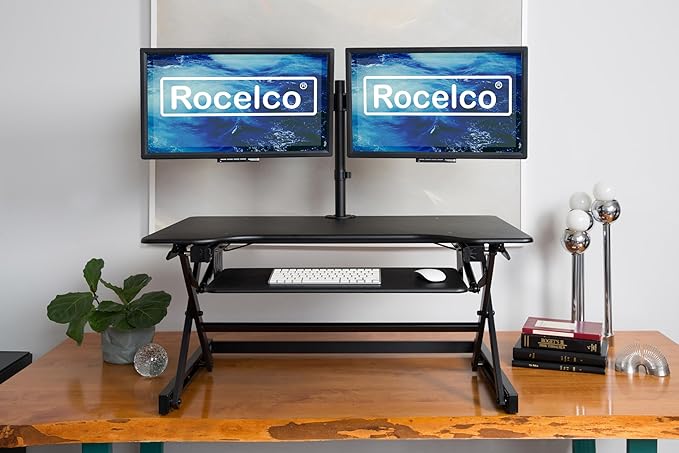 Rocelco 40" Height Adjustable Standing Desk Converter with AC Outlet USB Charger and Dual Monitor Arm Mount - Sit Stand Up Tabletop Riser - Sliding Keyboard Tray - Black (R DADRB-40-ACUSB-DM2)-DeskLoop Office