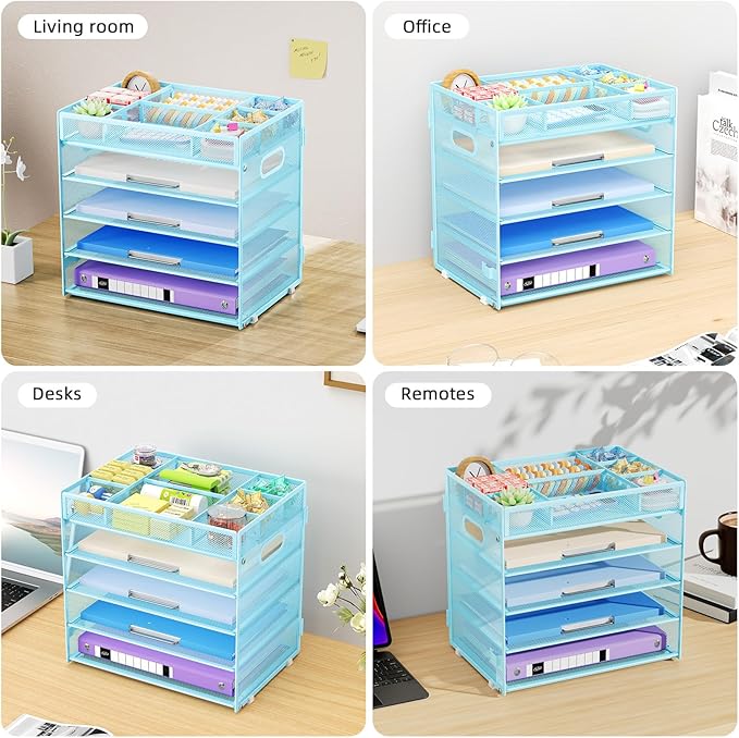 Marbrasse 5-Tier Letter Tray Paper Organizer with Handle, Multi-Functional Mesh File Organizer for Desk, Adjustable Compartments Mesh Desktop Storage for Office Supplies,Blue-DeskLoop Office