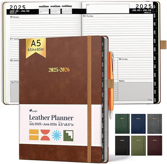 Ensight 2025-2026 HARDCOVER Leather Planner Weekly & Monthly - 6.5x8.5 Inches - Academic Planner Business Personal or Student - Pen Holder, Thick Paper, July 2025 - June 2026 (Brown)-DeskLoop Office