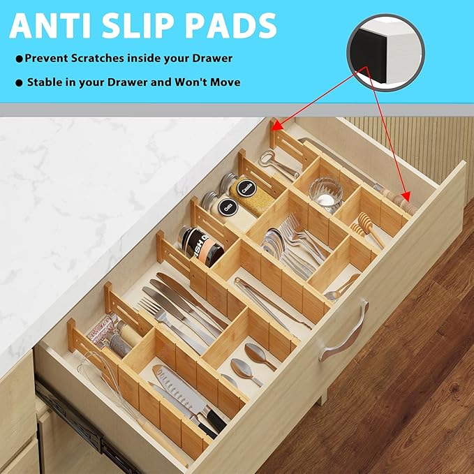 6 Pack Bamboo Drawer Dividers with 12 Inserts, Expandable Adjustable Clothes Drawer Organizers and Storage from 17" to 22" for Kitchen, Bedroom, Dresser, Cosmetics (Natural)-DeskLoop Office