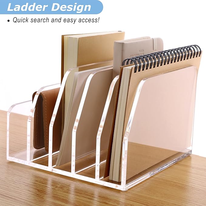 SANRUI Acrylic Desk File Organizer Holder for Desk, Clear Laddered 5 Upright Compartments Mail Sorters, Multifunction Desktop Envelope Folder Racks Document Holders for Office, Home, School-DeskLoop Office