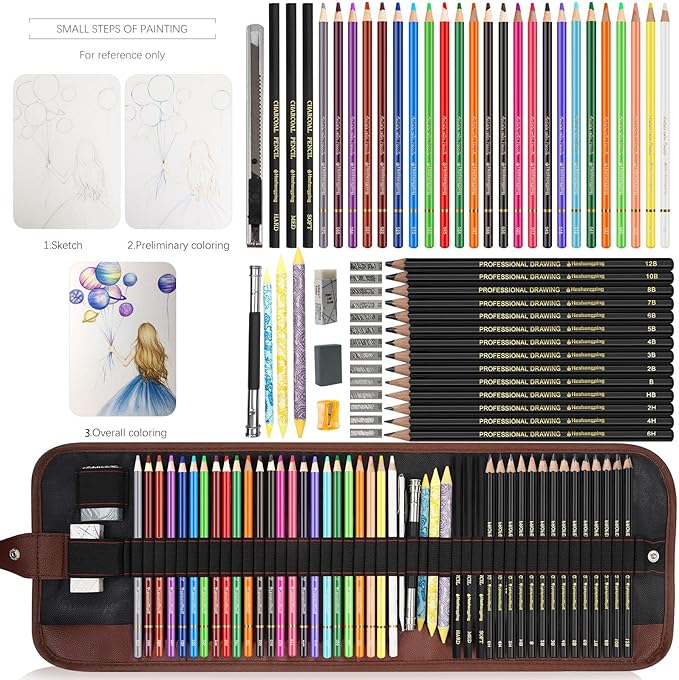 Sketching Drawing Art Pencil Kit-50 Piece Set with 24 Color Pencils for Adult Kid Coloring Books, 14 Graphite 3 Charcoal Erasers Etc., Artist Supplies Ideal for Adult, Kid,Student, Beginner-DeskLoop Office