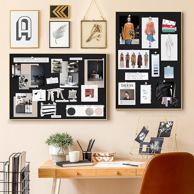 Bulletin Board 30 x 20 inches, Black Pin Board, Golden Aluminum Framed Fabric Cork Board with 10 Push Pins-DeskLoop Office