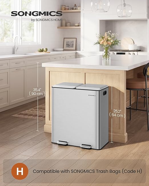 SONGMICS Trash Can, 2 x 8 Gallon (2 x 30 L) Double Garbage Can with Soft-Close Lids, Removable Inner Buckets, Pedals, Stainless Steel, for Waste and Recycling, Metallic Silver ULTB743E01-DeskLoop Office