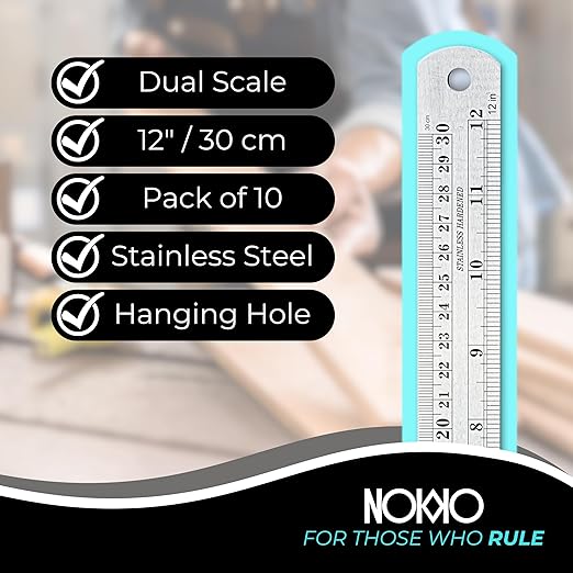 NOKKO Metal Ruler 12 Inch - Pack of 10 - Measuring Set of 12-Inch / 30 cm Stainless Steel Rulers with Imperial & Metric Measurements & Conversion Table - Metal Straight Edge Ruler for Cutting-DeskLoop Office
