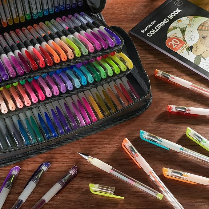 Shuttle Art Gel Pens, 130 Colors Gel Pen with 1 Coloring Book in Travel Case for Adults Coloring Books Drawing Crafts Scrapbooking Journaling-DeskLoop Office