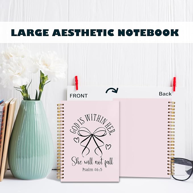 BearCake Pink Coquette Bow Christian Notebook Journal, God is Within Her She Will Not Fall Bible Journal for Women, Christian Religious Gifts for Woman, Hardcover Spiral Notebook 5.5x8.3-DeskLoop Office