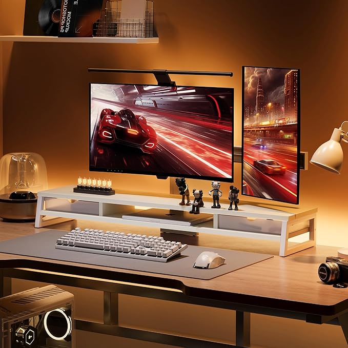 Fenge Dual Monitor Stand, Monitor Riser with Drawer, 42.5 Inch Large Computer Monitor Stand for 2 Monitors, 2 Tier Wooden Desk Shelf for Top of Desk-DeskLoop Office