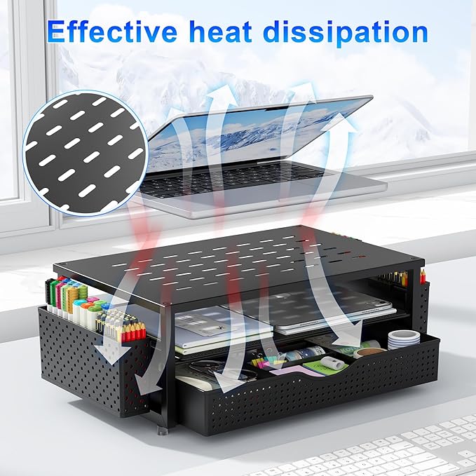 gianotter Desk Organizers and Accessories, Monitor Stand with Drawer and 2 Pen Holder, Desktop Organizer Suitable for Offices and Dormitories (Black)-DeskLoop Office