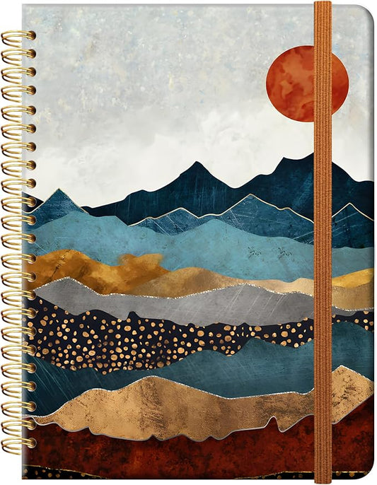 Ruled Spiral Writing Notebook,A5 Hardcover Lined College Journal for Women Lady,Fashion Puppy Watercolor Strong Twin-Wire Binding with Premium Paper,8.4" X 6",Perfect for School,Office,Home Gifts(Abstract Mountain Sun)-DeskLoop Office