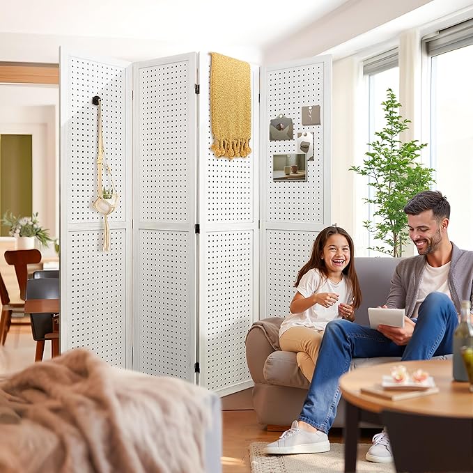 Room Divider, 5.6FT Folding Room Divider Panel, 4 Panel Pegboard Display Wood Partition Wall Divider for Room Separation& Craft Shows, White-DeskLoop Office