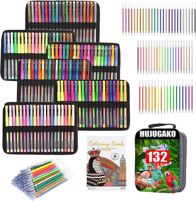264 Pack Gel Pens Set,132 Colored Gel pen with 132 Refills 100% More Ink, Include Glitter Metallic Pastel Neon Morandi Gel Pens for Adults Coloring Books Drawing Crafts Bullet Journaling-DeskLoop Office