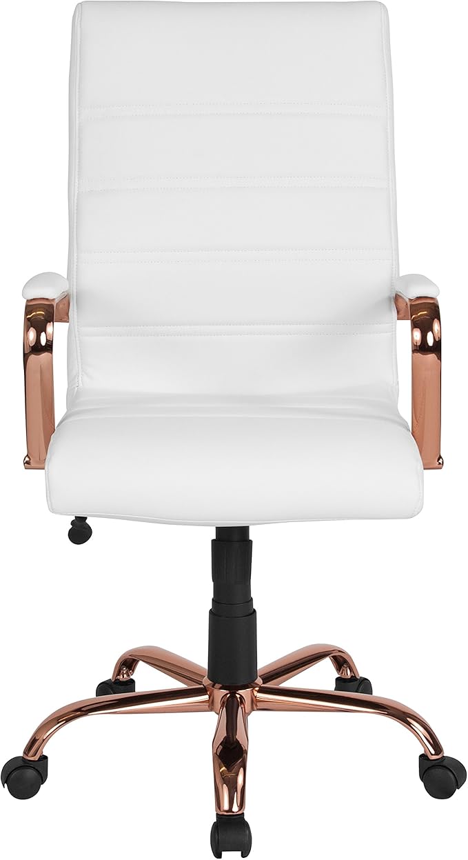 Flash Furniture Whitney High-Back Swivel LeatherSoft Desk Chair with Padded Seat and Armrests, Adjustable Height Padded LeatherSoft Office Chair, White/Rose Gold-DeskLoop Office