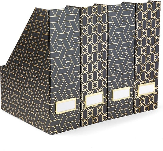 BLU MONACO Set of 4 Stylish Black & Gold Geometric Magazine File Holders with Gold Label Holders – Desk or Bookshelf Storage for Home, Office, Classroom Organization and Décor-DeskLoop Office