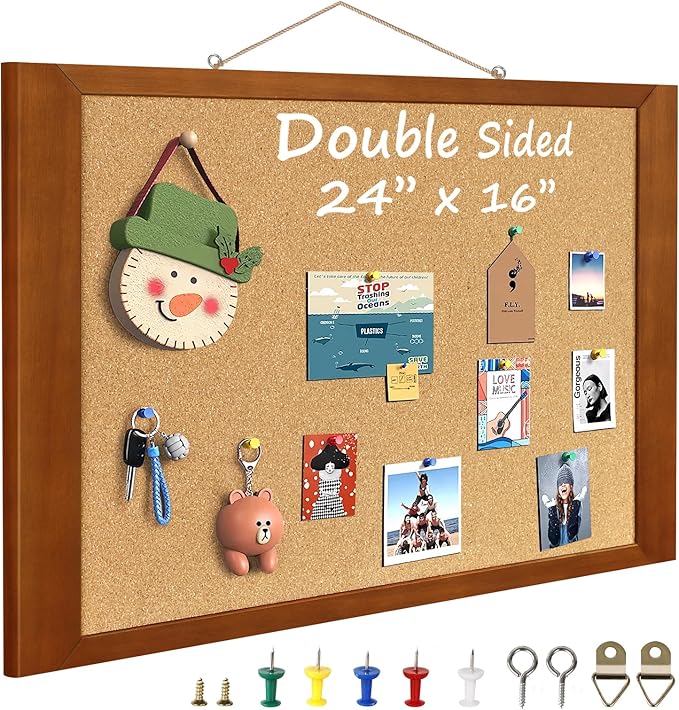 Cork Boards for Wall 16” x 24”, Extra Wide Wooden Framed Bulletin Board, Decorative Hanging Pin Board, Corkboards for Wall Notice Board Memo Board for Home, School, Office, Two-Sides Cork-DeskLoop Office