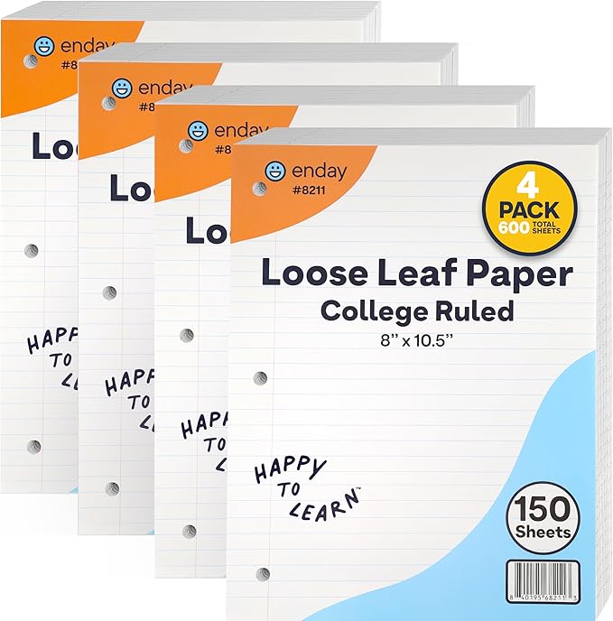 Loose Leaf Paper College Ruled Notebook Paper, 8" x 10.5" Filler Paper White, 3 Hole Punched Binder Paper for 3 Ring Binders, Lined Paper 150 Sheets Per Pack (4 Pack) - By Enday-DeskLoop Office