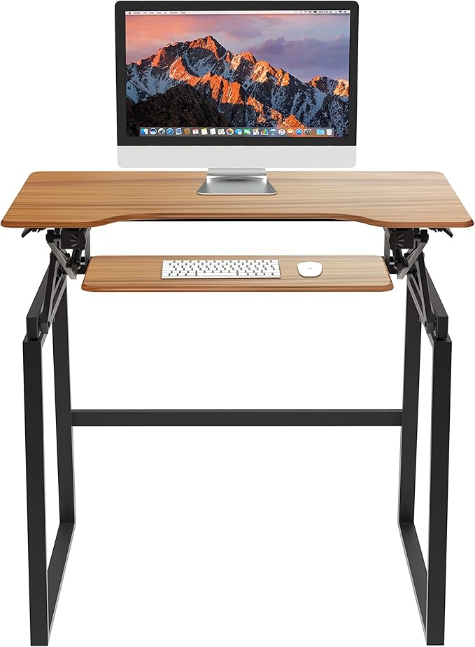 Rocelco 40" Large Height Adjustable Standing Desk BUNDLE - Quick Sit Stand Up Dual Monitor Riser - Gas Spring Assist Computer Workstation - Retractable Keyboard Tray - Teak Wood Grain (R DADRT-40-FS2)-DeskLoop Office
