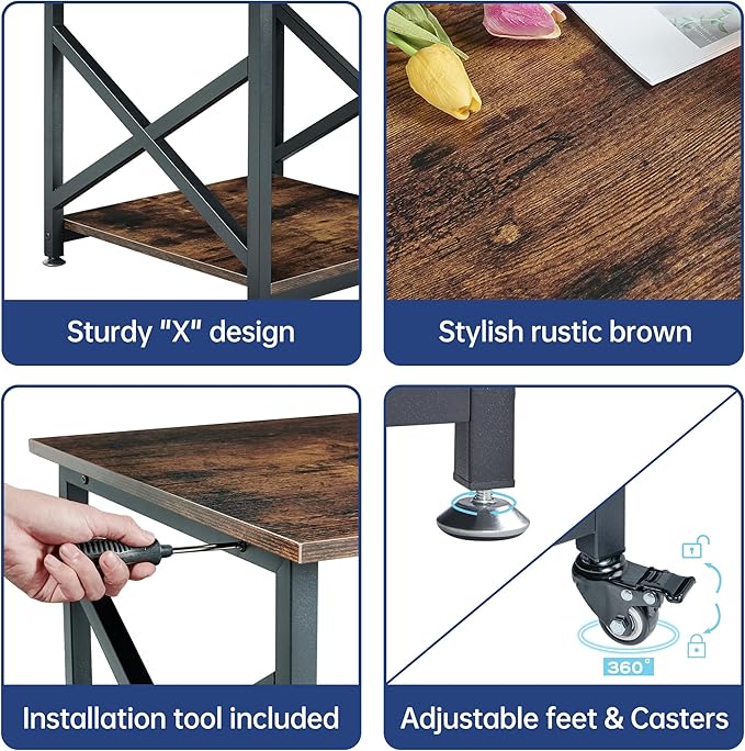 Large Printer Stand, 23.6 x 23.6 x 22.6 Inches Square Printer Table with Storage Shelf, 2 Tier Rolling Printer Cart with Industrial Wheels for Home Office - Rustic Brown-DeskLoop Office