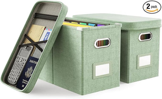 Oterri Hanging Filing File Box with Mesh Pocket, File Organizer Box with Lid, Collapsible Document Organizer Box for Letter Size, Easy Slide Durable Storage Box for Office/Decor/Home (2 PCS, Green)-DeskLoop Office