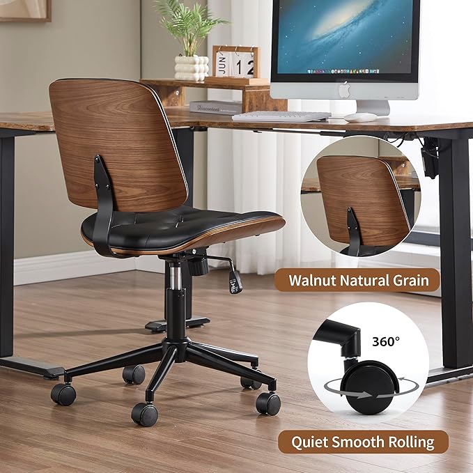 Small Home Office Chair - Armless Mid Back Desk Chair with 360° Swivel and Wheels, PU Upholstered Height Adjustable Modern Walnut Computer Chair for Home, Office Meeting Room - Black-DeskLoop Office