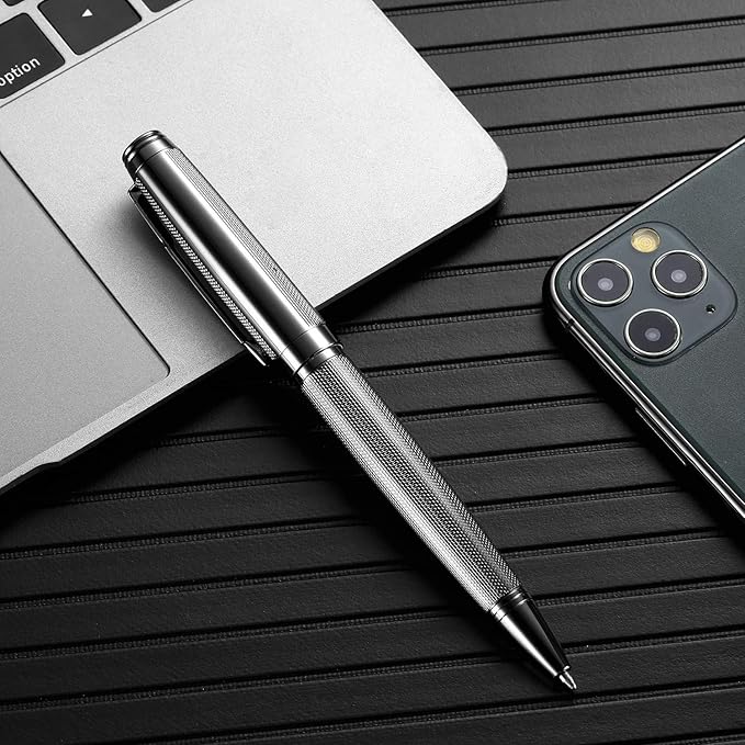 Ballpoint Pen with Gift Box for Men Women,Luxury Stainless Steel Retractable Pen Executive Home Office Use, and 2 Extra Refills Black Ink 1.0mm B2 (full gray)-DeskLoop Office