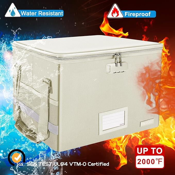 ENGPOW File Box with Lock,Fireproof Document Box with Zipper Lid,Collapsible File Storage Organizer Filing Cabinet with Handles,Portable Home Office Safe for Hanging Letter/Legal Folders,Beige,2 Pack-DeskLoop Office