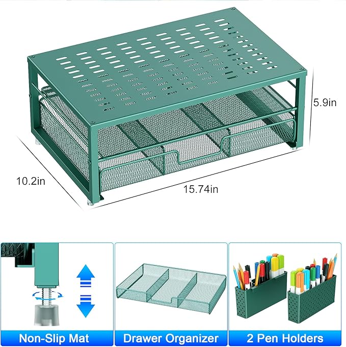 gianotter Desk Organizers and Accessories, Monitor Stand with Drawer and 2 Pen Holder, Desktop Organizer Suitable for Offices and Dormitories (Green)-DeskLoop Office