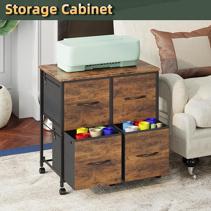 4 Drawer Lateral File Cabinet, Mobile Filing Cabinet for Large Printer, Home Office Functional Small Office Storage Cabinet & Printer Stand, Fabric Drawer, Fits Letter/A4, Rustic Brown-DeskLoop Office