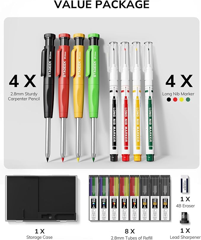 4PCS Carpenter Pencils with Sharpener, Heavy Duty Woodworking Pencils, Mechanical Carpenter Pencil with 52 Refills, Deep Hole Long Nib Marker Pens for Architect Construction Marking with Case-DeskLoop Office