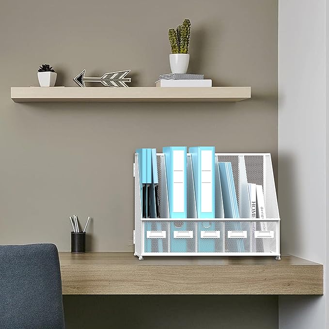 SUPEASY Desk Organizers Metal Desk Magazine File Holder with 5 Vertical Compartments Rack File Organizer for Office Desktop, Home Workspace, White Plus-DeskLoop Office