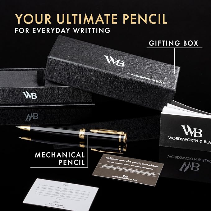 Wordsworth and Black Mechanical Pencil Graphite Lead- Stunning Luxury Metal Pencil, Black Lacquer 24K Gold Finish, 0.7mm Led, Best Gift Set for Men & Women, Professional Executive Office Pencils-DeskLoop Office