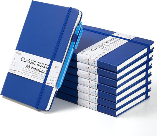 feela 8 Pack Journal Notebook Bulk for School, Hardcover Business Notebooks Classic Ruled Lined Journals with Pen Holder for Work Note Taking, with 8 Black Pens, 120 GSM, 5.1”x8.3”, A5, Navy-DeskLoop Office