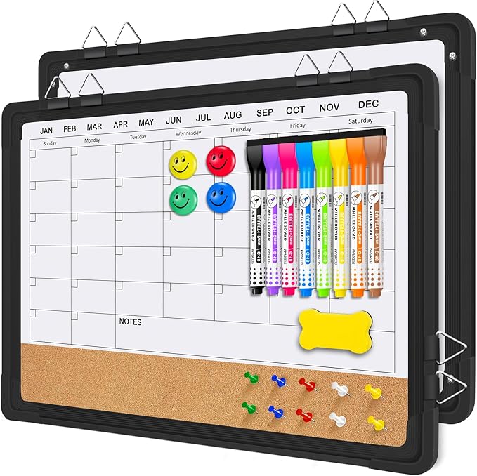 EAONE 16x12 in Double Side Whiteboard Calendar & Cork Board Combo for Wall, 3 in 1 Magnetic Dry Erase Whiteboard Monthly Calendar and Bulletin Board with Aluminum Frame for Home Office Kitchen-DeskLoop Office