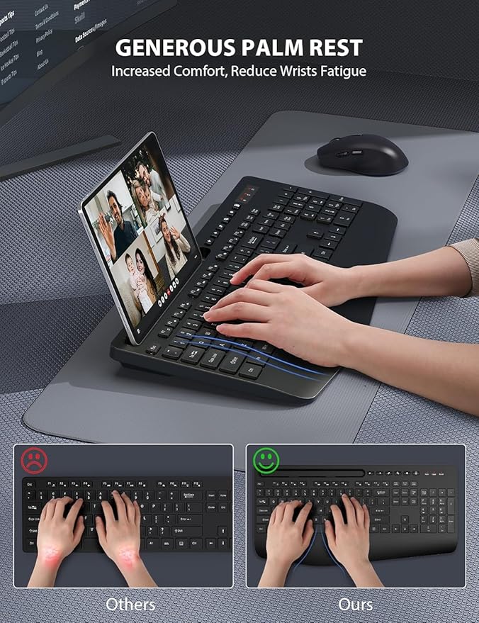 Wireless Keyboard and Mouse Combo - Full-Sized Ergonomic Keyboard with Wrist Rest, Phone Holder, Sleep Mode, Silent 2.4GHz Cordless Keyboard Mouse Combo for Computer, Laptop, PC, Mac, Windows -Trueque-DeskLoop Office