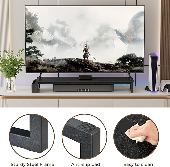 LAND·VOI Dual Monitor Stand Riser,41.5'' Long Monitor Stand for 2 Monitors, Wood and Steel Computer Monitor Stand, Desktop Oraganizer with Pen Holder, Monitor Riser for Desk Computer,Laptop,TV, Black-DeskLoop Office