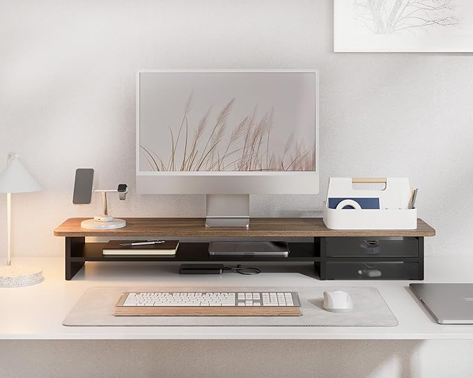 Fenge Monitor Stand, Dual Monitor Riser, 42.5inch Large Desk Computer Monitor Stand Riser with Drawer, 2 Tier Wood & Acrylic Desktop Organizer for Computer, Laptop, Printer, TV Screen Riser-DeskLoop Office