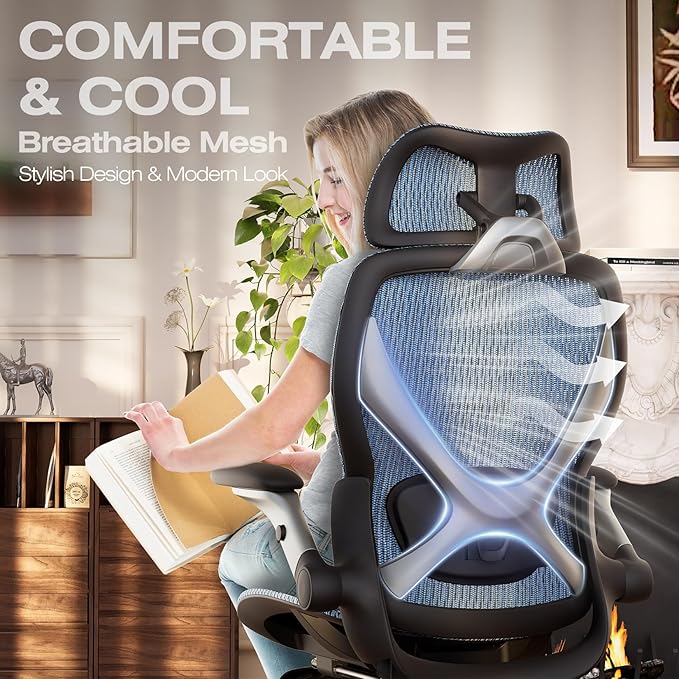 ELABEST X100 Ergonomic Office Chair with Footrest, Big and Tall Home Desk Chair with 5D Flip-Up Arms, Adjustable 8D Lumbar Support,High Back Rolling Computer Chair, Swivel Mesh Chairs (Oaxaca Blue)-DeskLoop Office