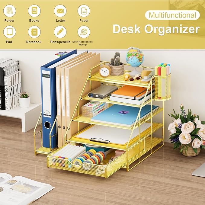 Marbrasse Desk Organizer with File Holder, 5-Tier Desk Organizer and Accessories with Drawer and 2 Pen Holders, Mesh Paper Letter Tray, Desktop Storage for Office Supplies (Gold)-DeskLoop Office