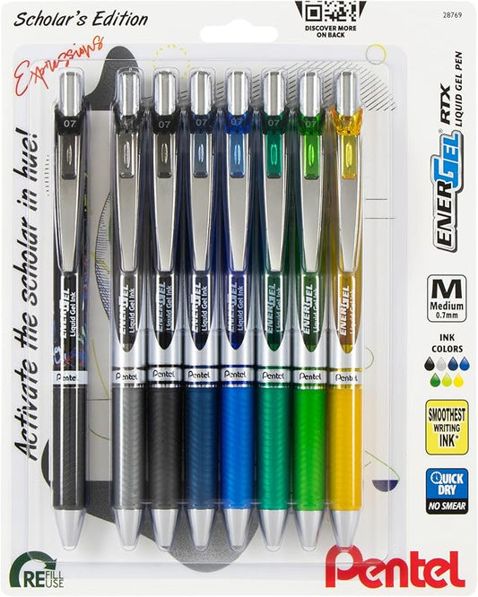 Pentel EnerGel RTX Retractable Liquid Gel Pen, Scholar Expressions Pack, 0.7mm, Metal Tip, Medium Line,Assorted Ink, Pack of 8 Pens (BL77XLEFBP8M)-DeskLoop Office