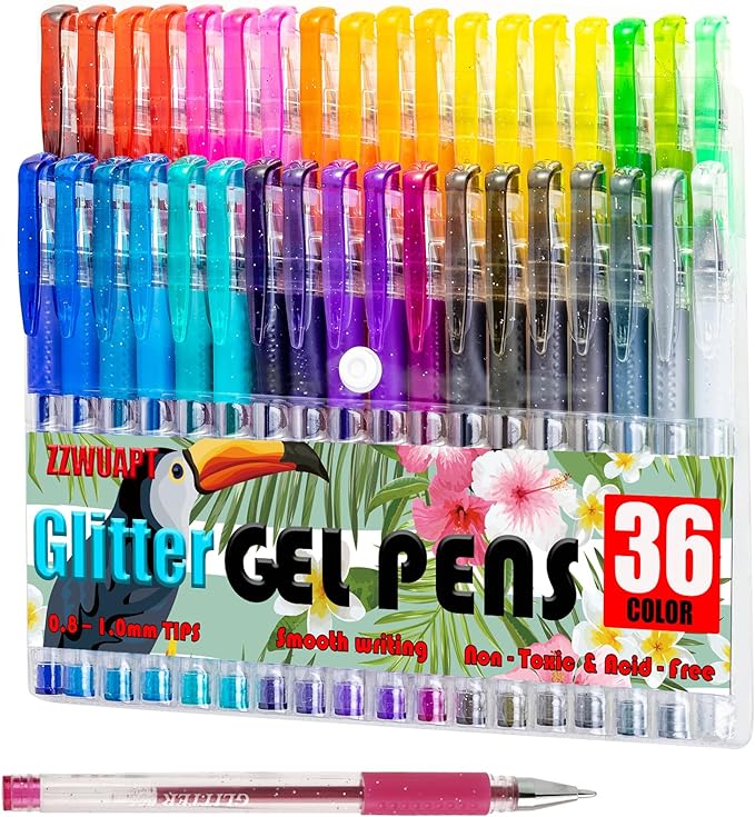 Glitter Gel Pens for Coloring Book,72 Color Gel Pens Set including 36 Color Gel Pen with 36 Refills,40% More Ink Colored Gel Pens for Drawing, Doodling, Scrapbook, Journaling-DeskLoop Office