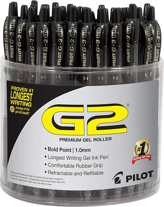 Pilot G2 Premium Gel Pens, Black Pens, Bold Point 1 mm, Tub of 48, Black-DeskLoop Office