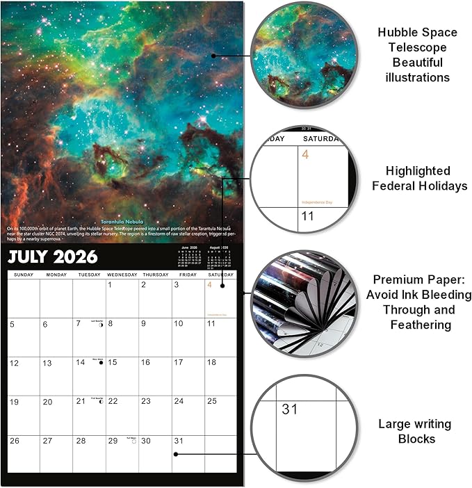 2026 Wall Calendar - Hubble Telescope Wall Calendar 2026, January 2026 - December 2026, 12" x 24" (Open), Hanging Hook, Blocks and Holidays - Stunning Hubble Discoveries-DeskLoop Office