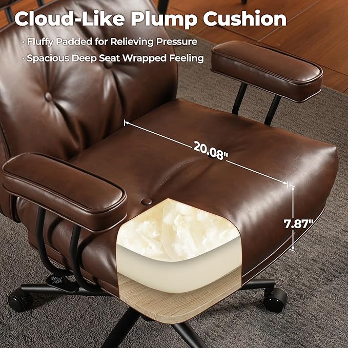 ovios Ergonomic Home Office Chair, Mid-Century Modern Faux Leather Chairs with Thickened Cushions, Comfy High Back Swivel Rolling Executive Computer Armchair (Dark Brown, PU Leather)-DeskLoop Office