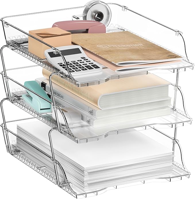 Simple Houseware 3-Tier Crystal Clear Stackable Document Letter Tray Paper Organizer – Desk Organizer for A4/Letter Size Documents, File Sorter, Paper Holder, Office Desktop File Storage, Acrylic Look-DeskLoop Office