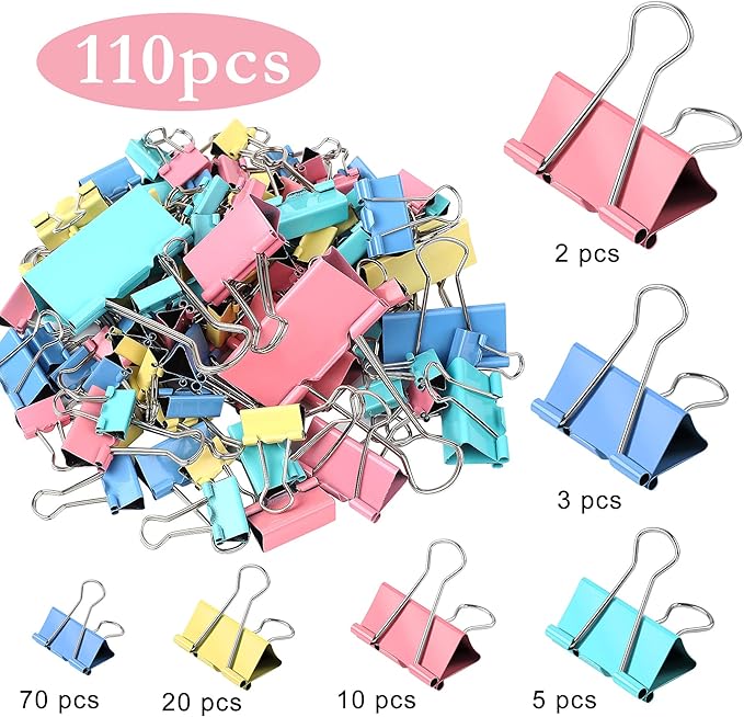 SANNIX 110 PCS Colored Binder Clips, X Large, Large, Medium, Small, Mini and Micro, Colorful Binder Clips Assorted Sizes Clips for Office Home School Supplies-DeskLoop Office