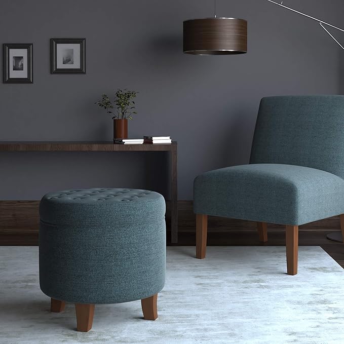 HomePop by Kinfine Fabric Upholstered Round Storage Ottoman - Velvet Button Tufted Ottoman with Removable Lid, Indigo Blue Woven-DeskLoop Office