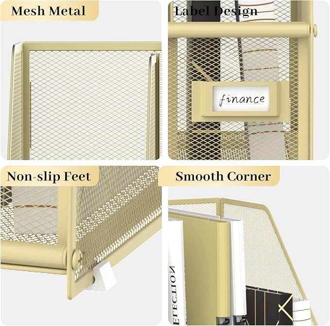 SUPEASY Desk Organizers Metal Desk Magazine File Holder with 5 Vertical Compartments Rack File Organizer for Office Desktop, Home Workspace, Golden Yellow, Plus-DeskLoop Office