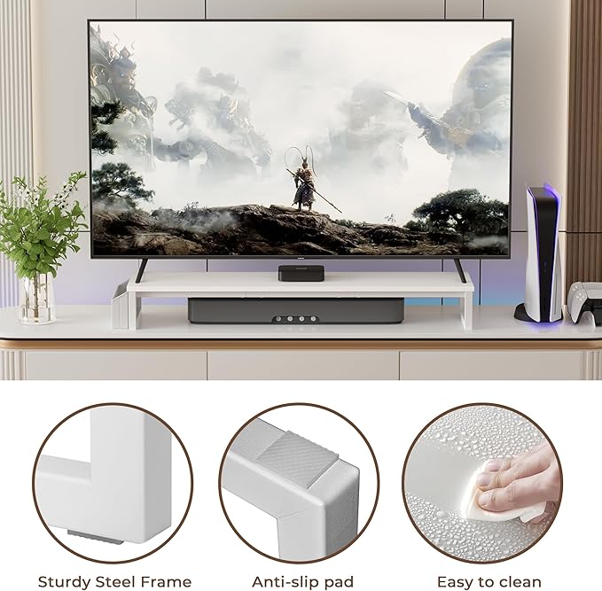 LAND·VOI Dual Monitor Stand Riser,41.5'' Long Monitor Stand for 2 Monitors, Wood and Steel Computer Monitor Stand, Desktop Oraganizer with Pen Holder, Monitor Riser for Desk Computer,Laptop,TV, White-DeskLoop Office