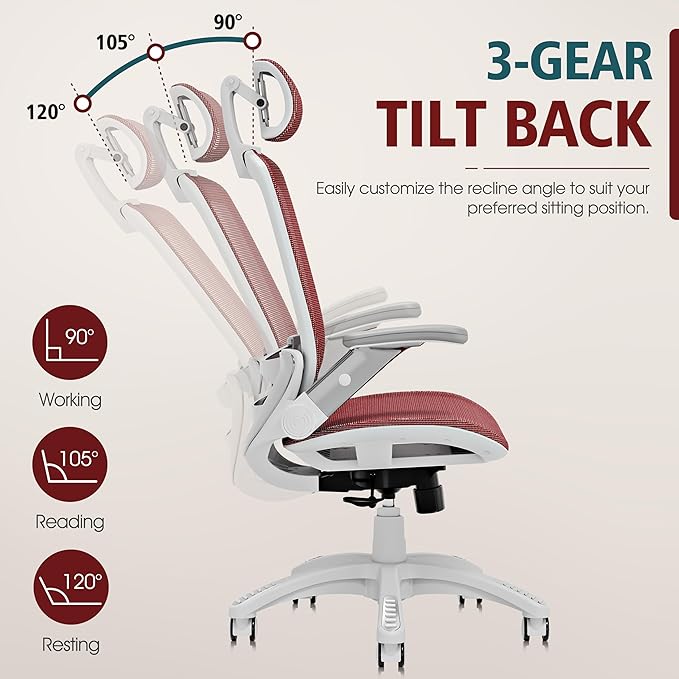 GABRYLLY Ergonomic Office Chair, High Back Home Desk Chair with Headrest, Flip-Up Arms, 90-120° Tilt Lock and Wide Cushion, 400LBS Mesh Chairs for Man Woman, White Task Chair(Red,GY01WR)-DeskLoop Office