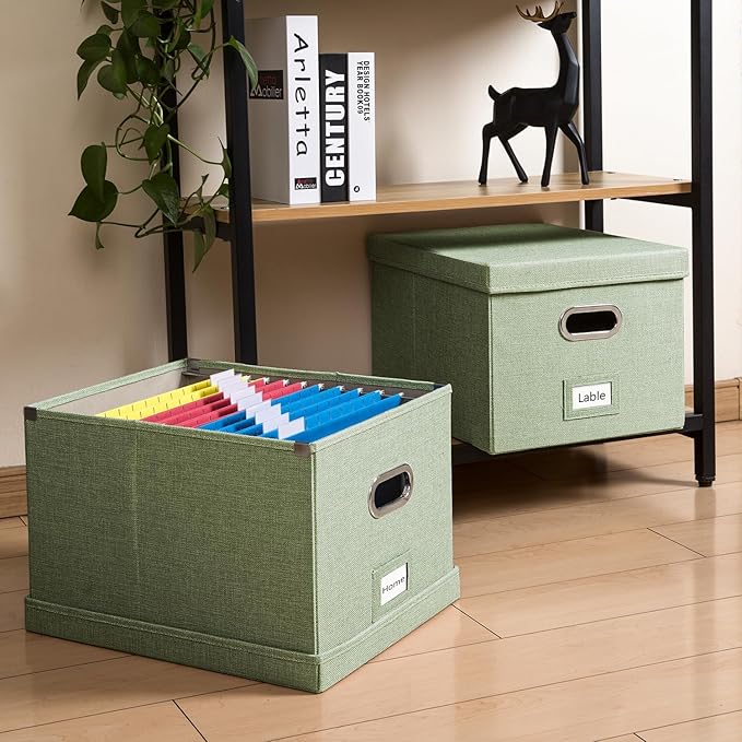 PRANDOM File Organizer Box - Set of 4 Collapsible Decorative Linen Filing Storage Hanging File Folders with Lids Office Cabinet Letter/Legal Size Green 17.1x14x11.1 inch-DeskLoop Office